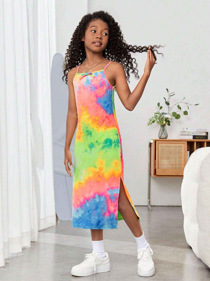 Neon Splash Multicolor Tie - Dye Spaghetti Midi Dress - Yooneck
