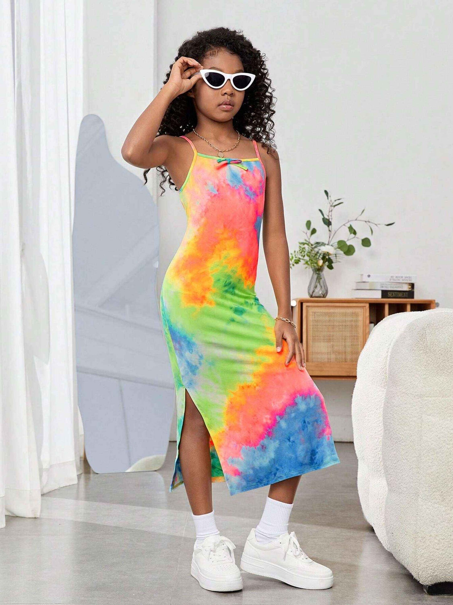neon splash multicolor tie - dye spaghetti midi dress - yooneck