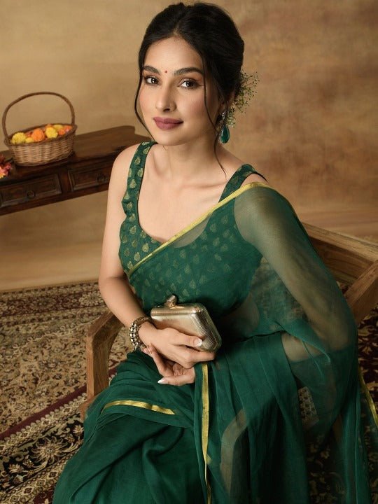 Nidha Emerald Elegance Chiffon Saree - Yooneck