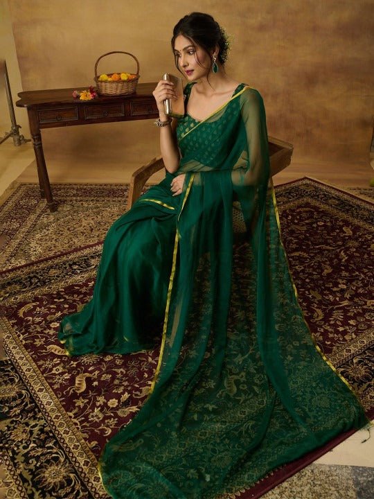 Nidha Emerald Elegance Chiffon Saree - Yooneck