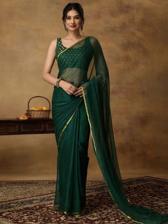 Nidha Emerald Elegance Chiffon Saree - Yooneck