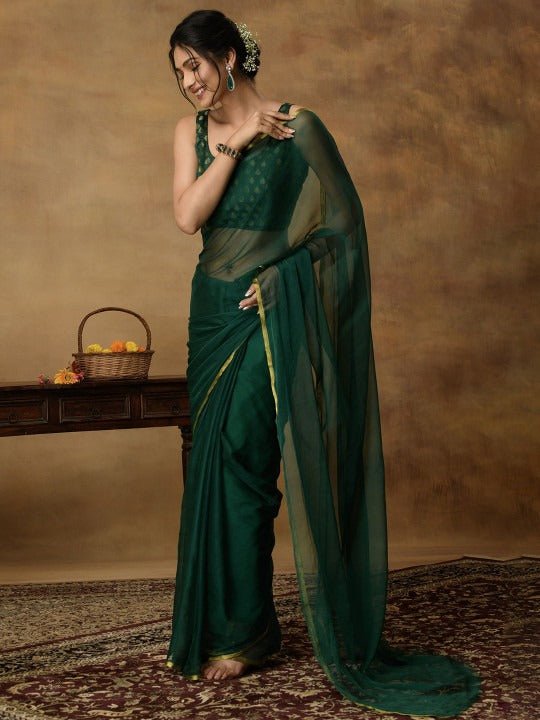 Nidha Emerald Elegance Chiffon Saree - Yooneck