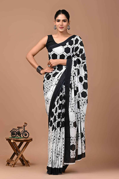 Noir Maze Geometric Mulmul Cotton Saree - Yooneck