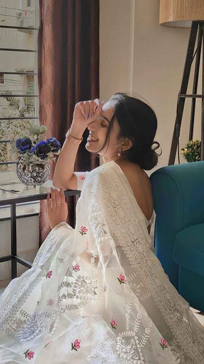 Noor-e-Kamal Lucknowi Embroidered Pure Organza Saree with Satin Silk Blouse - Yooneck