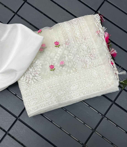 Noor-e-Kamal Lucknowi Embroidered Pure Organza Saree with Satin Silk Blouse - Yooneck