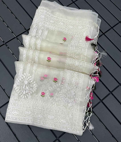Noor-e-Kamal Lucknowi Embroidered Pure Organza Saree with Satin Silk Blouse - Yooneck