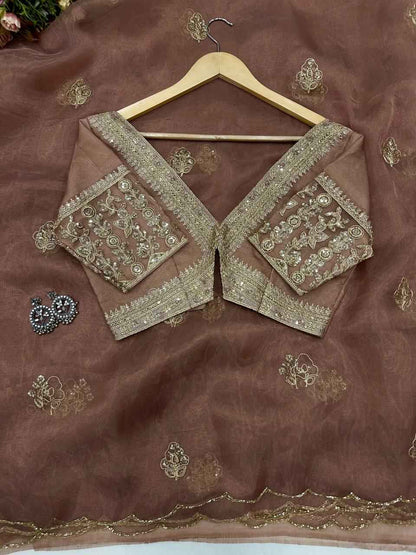 Noor-e-Zehra Brown Organza Saree - Yooneck