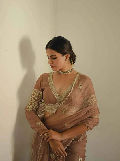 Noor-e-Zehra Brown Organza Saree - Yooneck