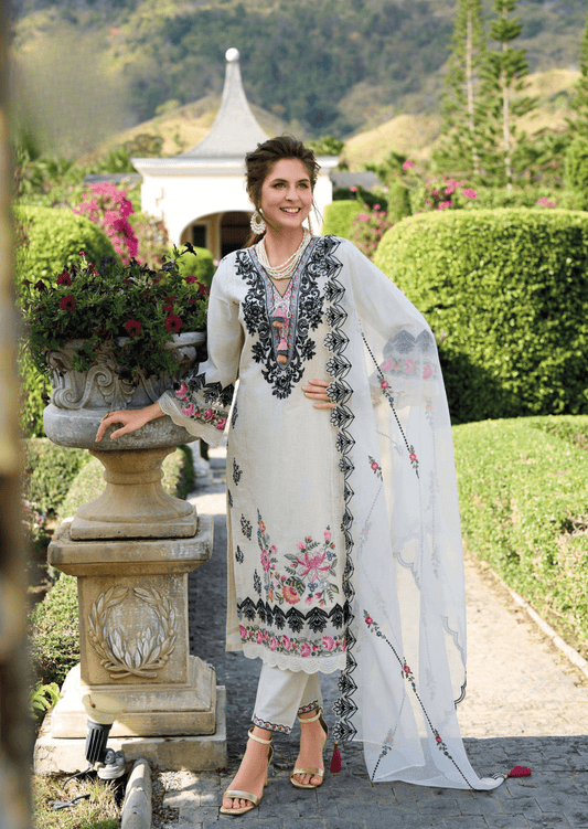 Nooré Ivory Elegant White Cotton Embroidered Suit Set - Yooneck