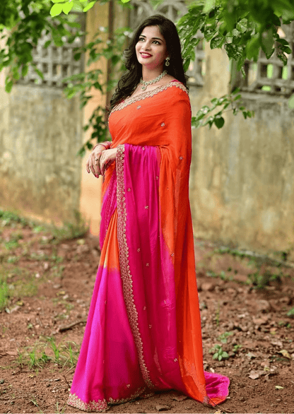 Noorvi Golden Zari Chinon Saree - Yooneck