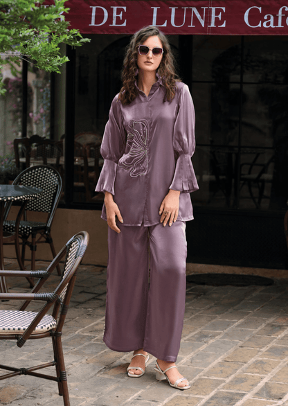 Orchid Bloom Embroidered Silk Co - Ord Set - Yooneck