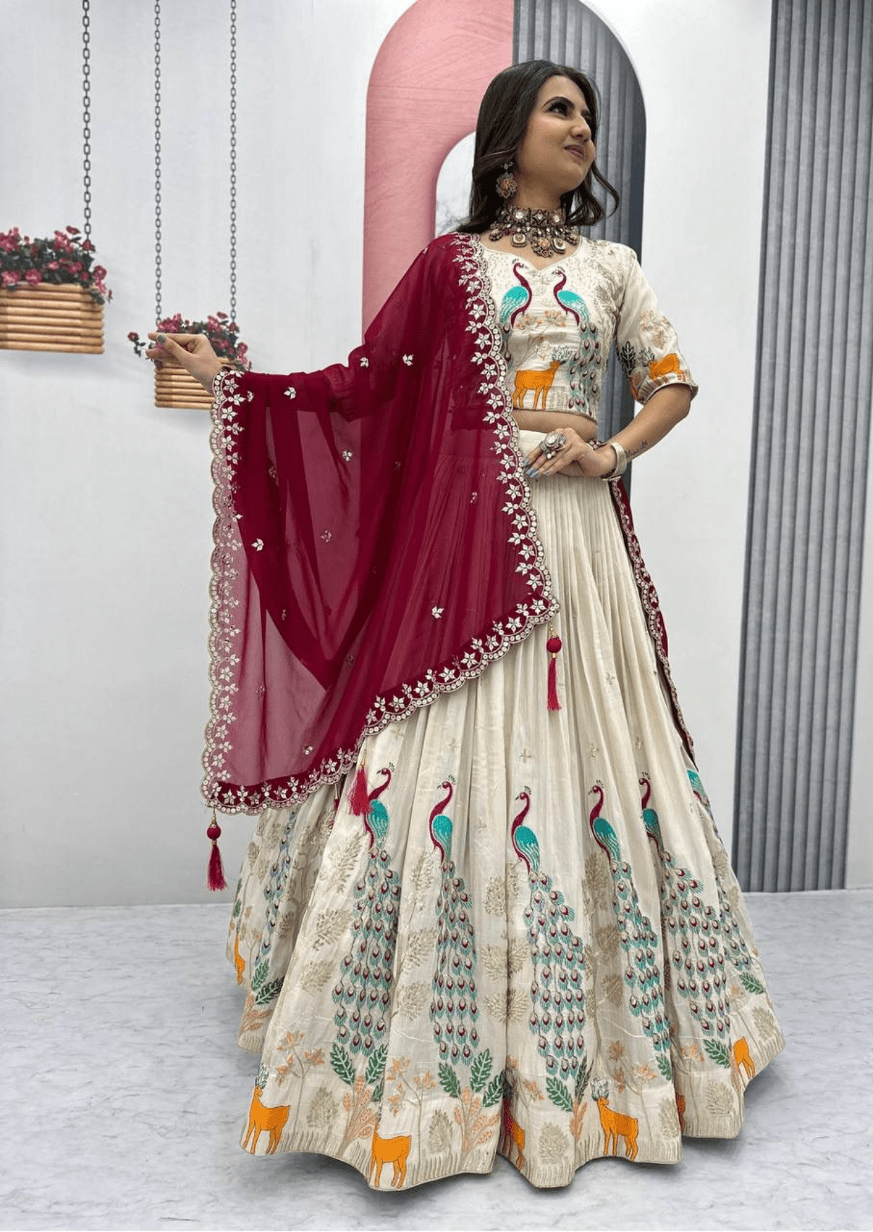 padmika royale peacock embroidered tissue silk lehenga set - yooneck