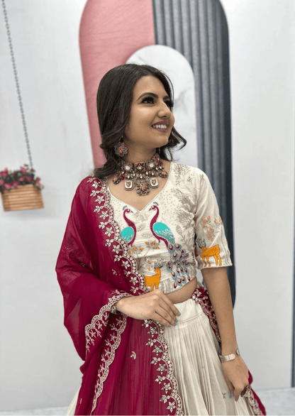 Padmika Royale Peacock Embroidered Tissue Silk Lehenga Set - Yooneck