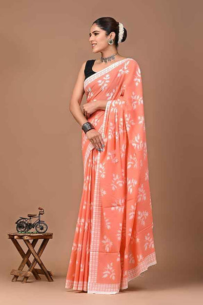 Peach Pataka Summer Bloom Mulmul Cotton Saree - Yooneck
