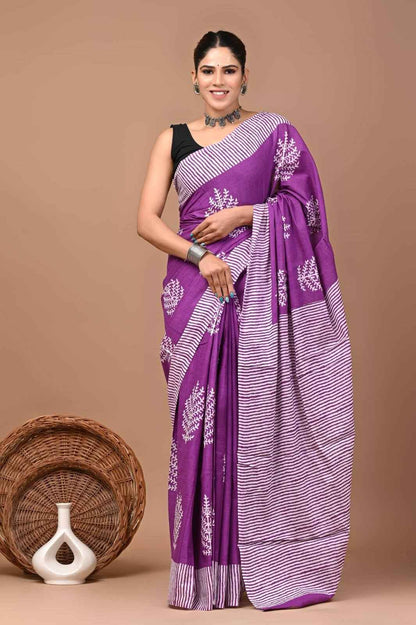 Phoolkari Violet Mulmul Cotton Saree - Yooneck