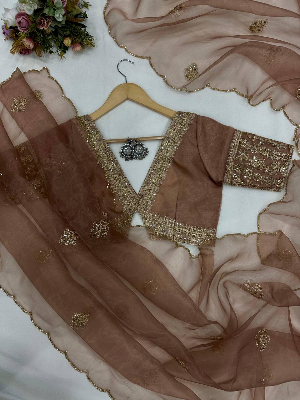 noor-e-zehra brown organza saree