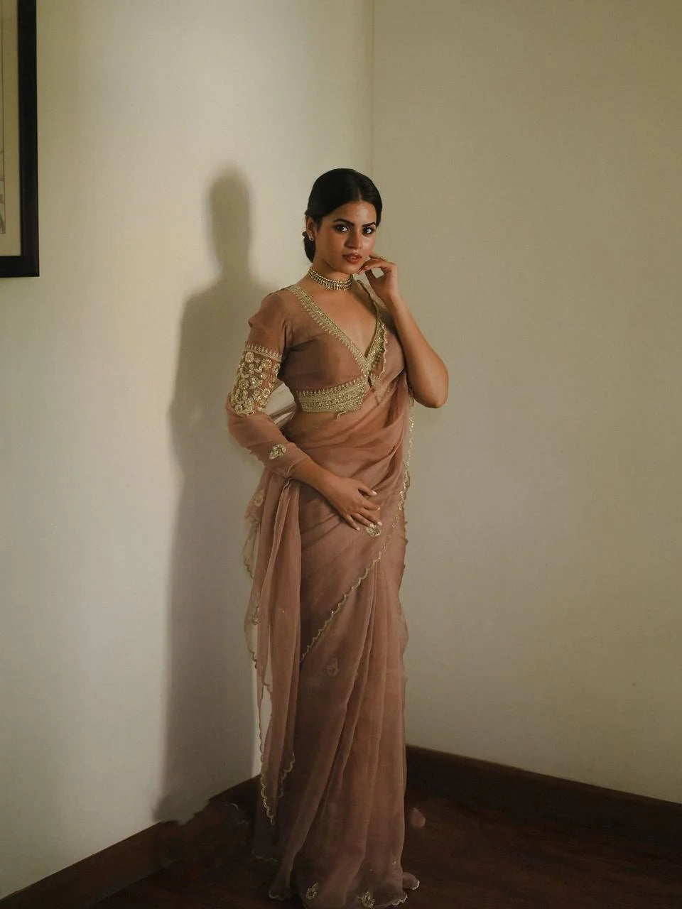 noor-e-zehra brown organza saree