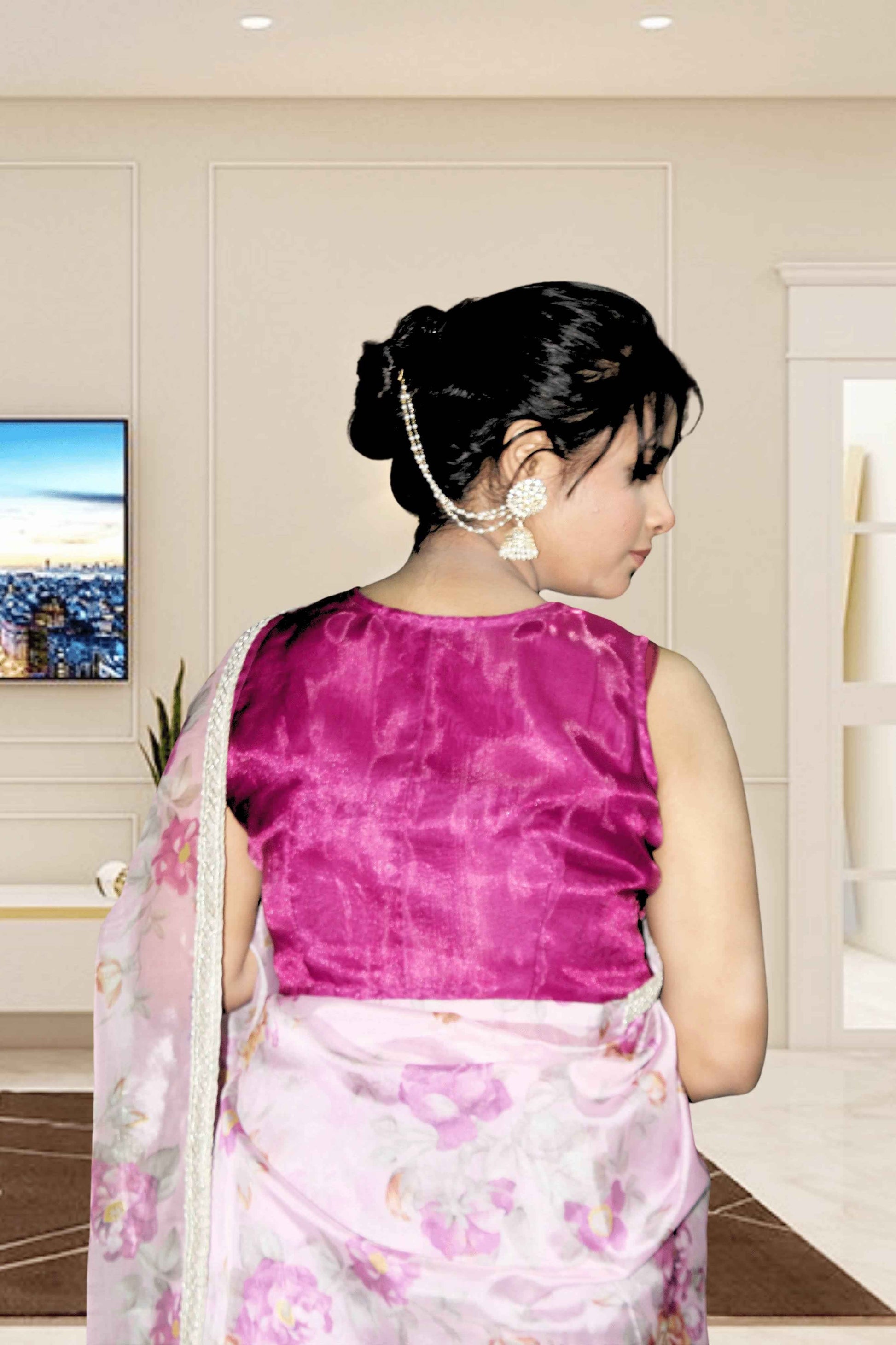 Pink Moon Floral Organza Saree with Blouse - Yooneck
