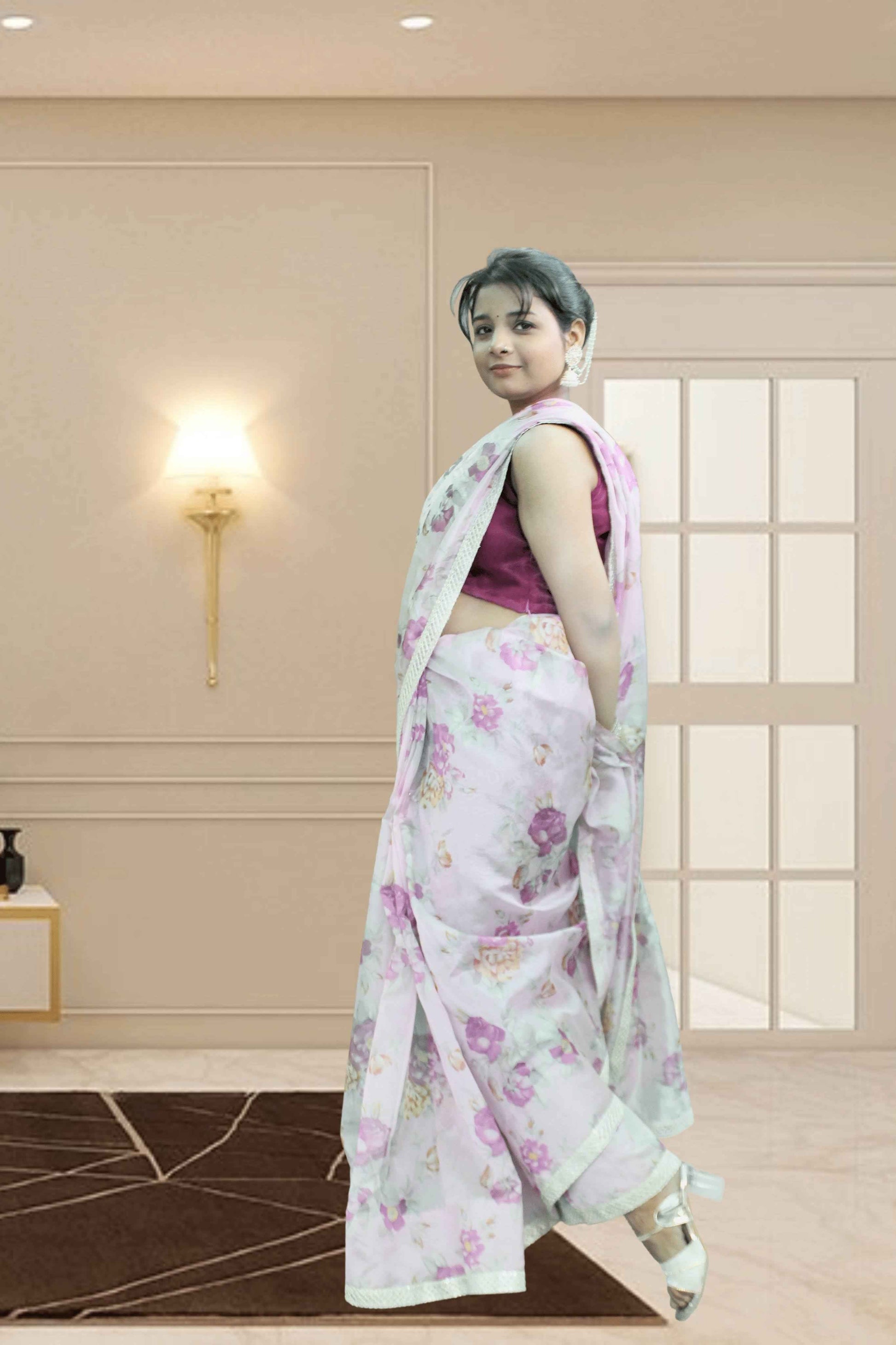 Pink Moon Floral Organza Saree with Blouse - Yooneck