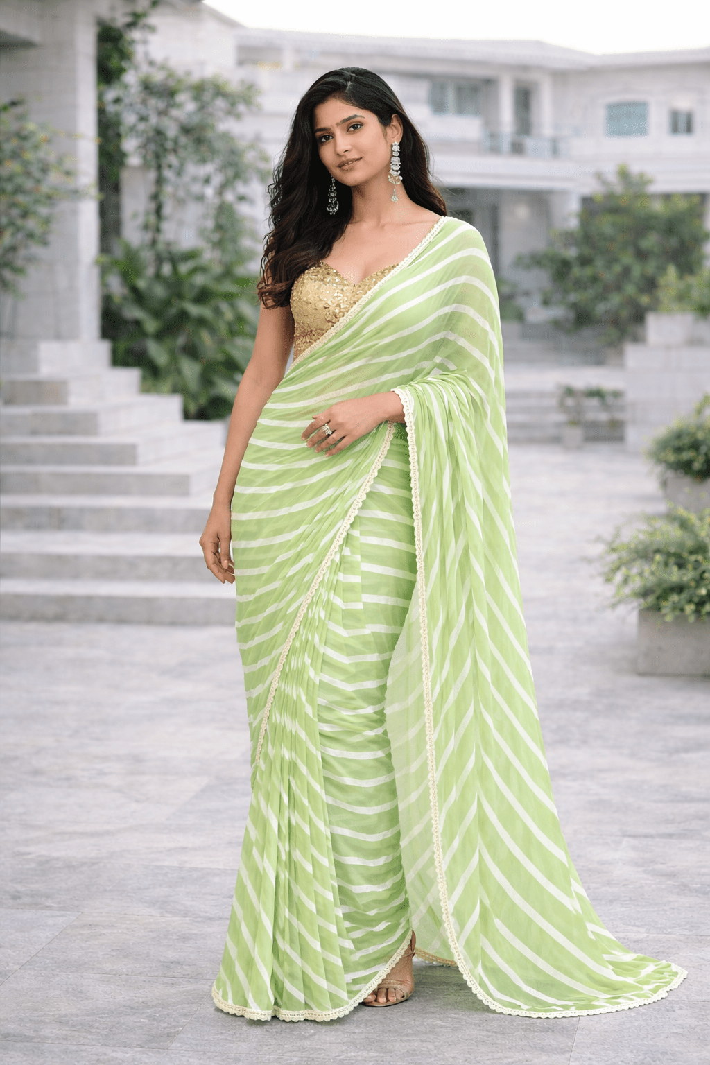 pistachio whisper leheriya georgette saree - yooneck