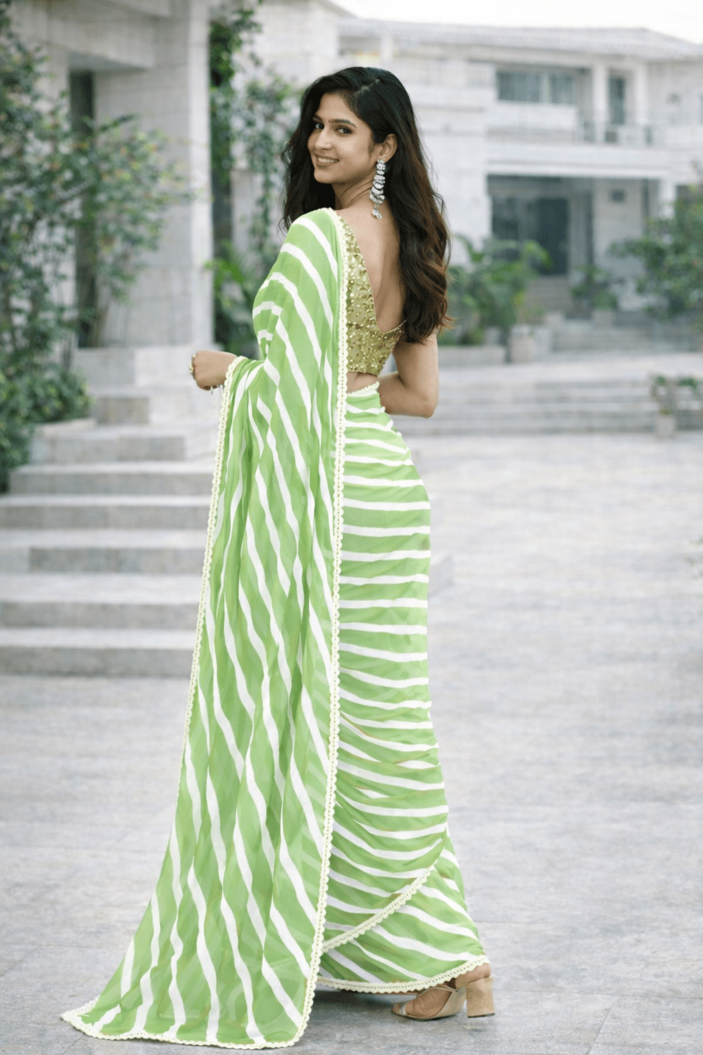 Pistachio Whisper Leheriya Georgette Saree - Yooneck