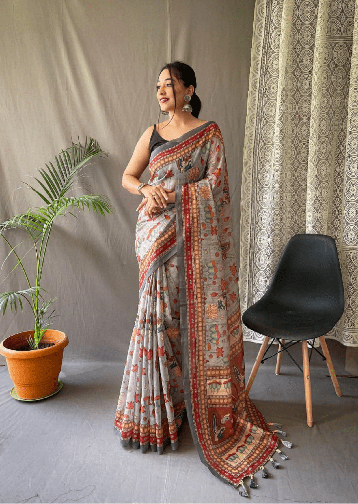 Pravya Kalamkari Malai Cotton Saree - Yooneck