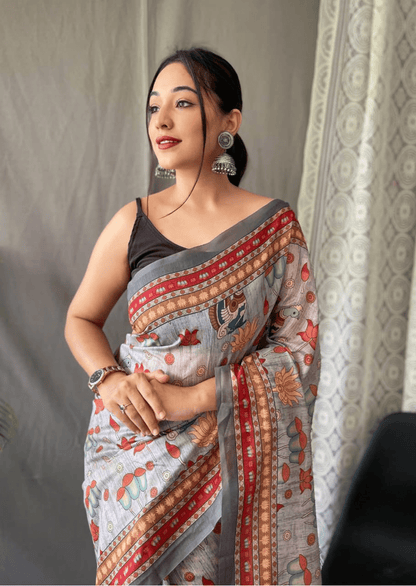 Pravya Kalamkari Malai Cotton Saree - Yooneck