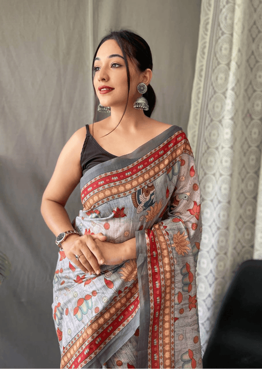 Pravya Kalamkari Malai Cotton Saree - Yooneck