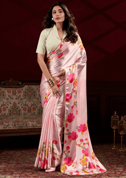 Prisha Blush Bloom Satin Silk Saree - Yooneck