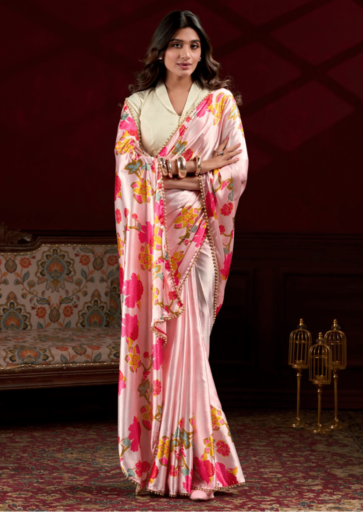 prisha blush bloom satin silk saree - yooneck