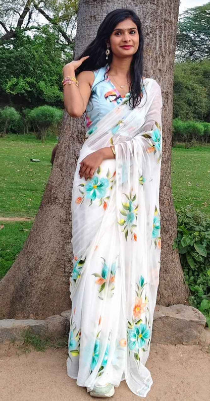 Pushpika Handpainted Chiffon Saree - Yooneck