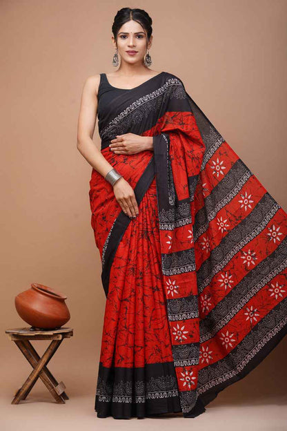 Raging Rouge Bagru Blaze Mulmul Cotton Saree - Yooneck