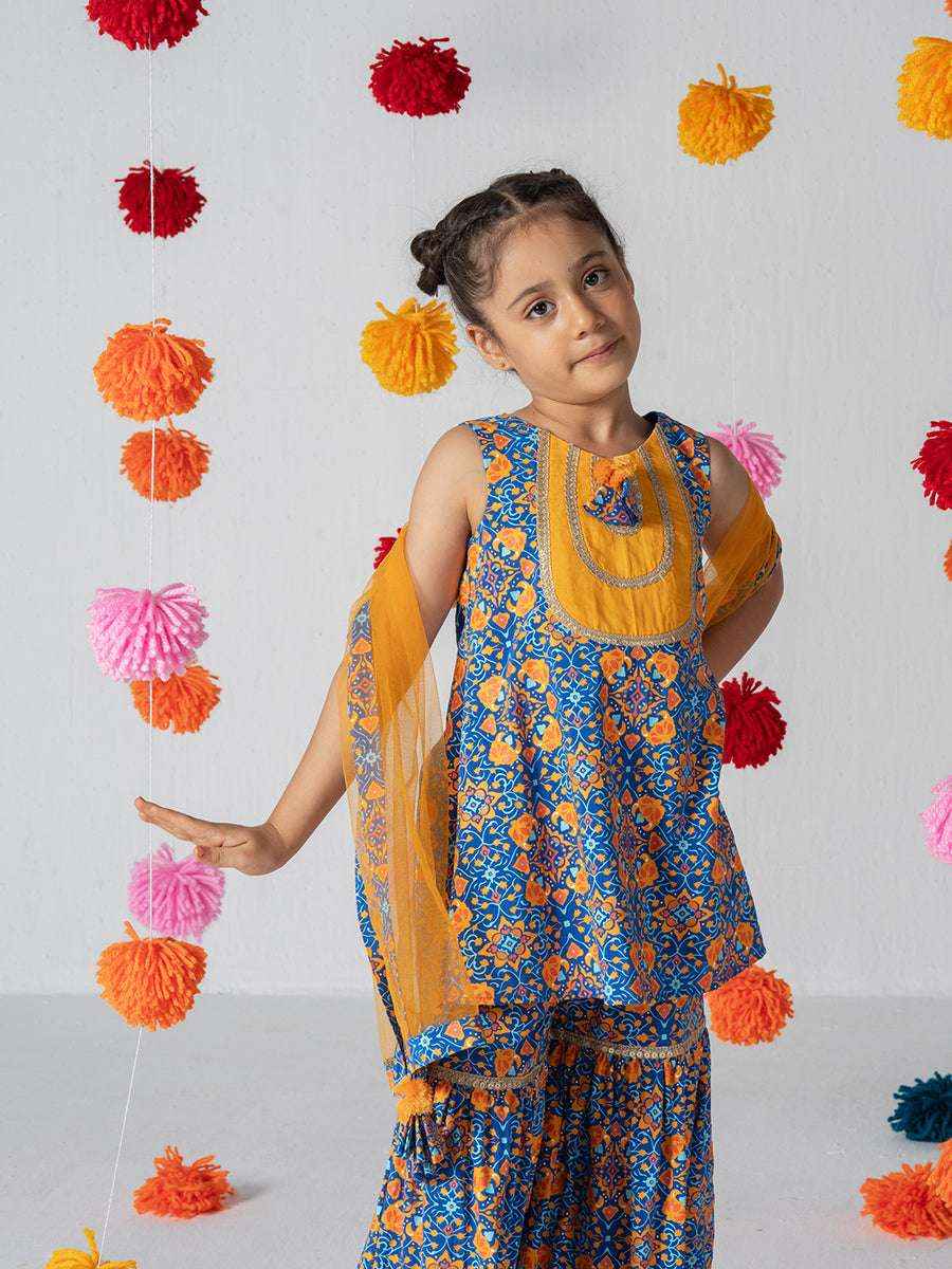 Rang Tarang Blue & Mustard Printed Sharara Set - Yooneck