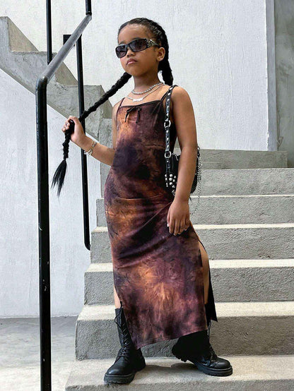 Rebel Brown Tie - Dye Spaghetti Strap Dress - Yooneck