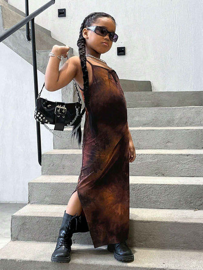 Rebel Brown Tie - Dye Spaghetti Strap Dress - Yooneck