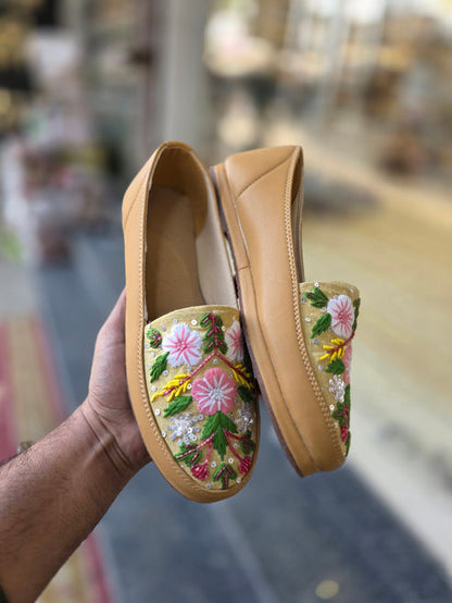 Gulnaar Tan Floral Embroidered Sneakers