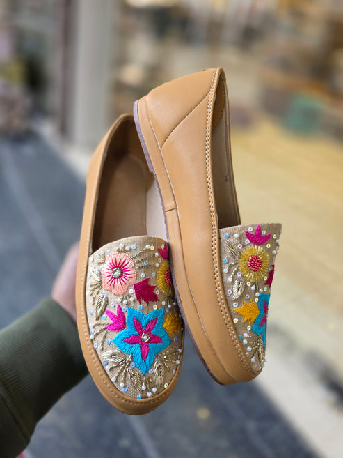 Phoolvaad Tan Embroidered Sneakers