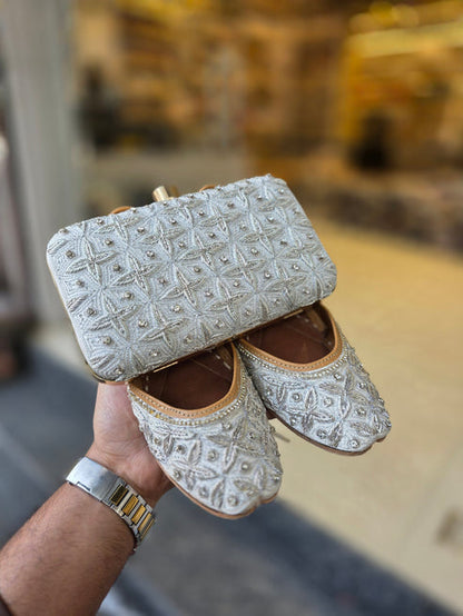 Noorika Ivory Embroidered Clutch & Jutti Set