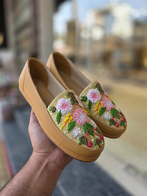 Gulnaar Tan Floral Embroidered Sneakers