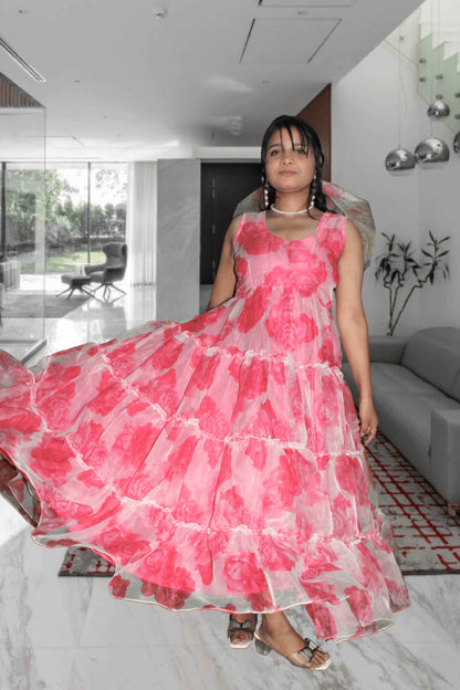 Rosy Glow Organza Flair Dress - Yooneck