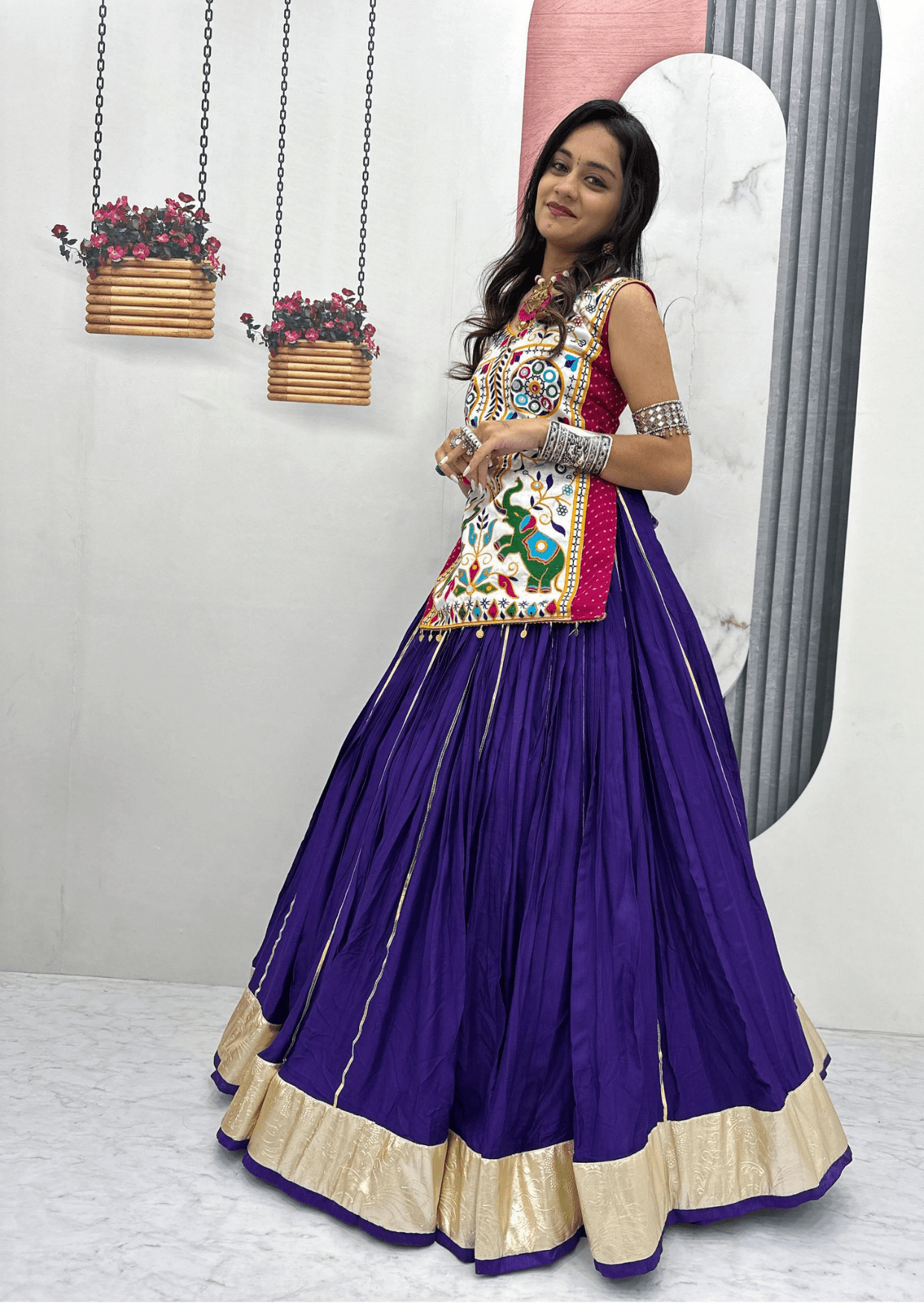 Royal Gamathi Mirror Work Choli & Cotton Lumpi Border Lehenga Set - Yooneck