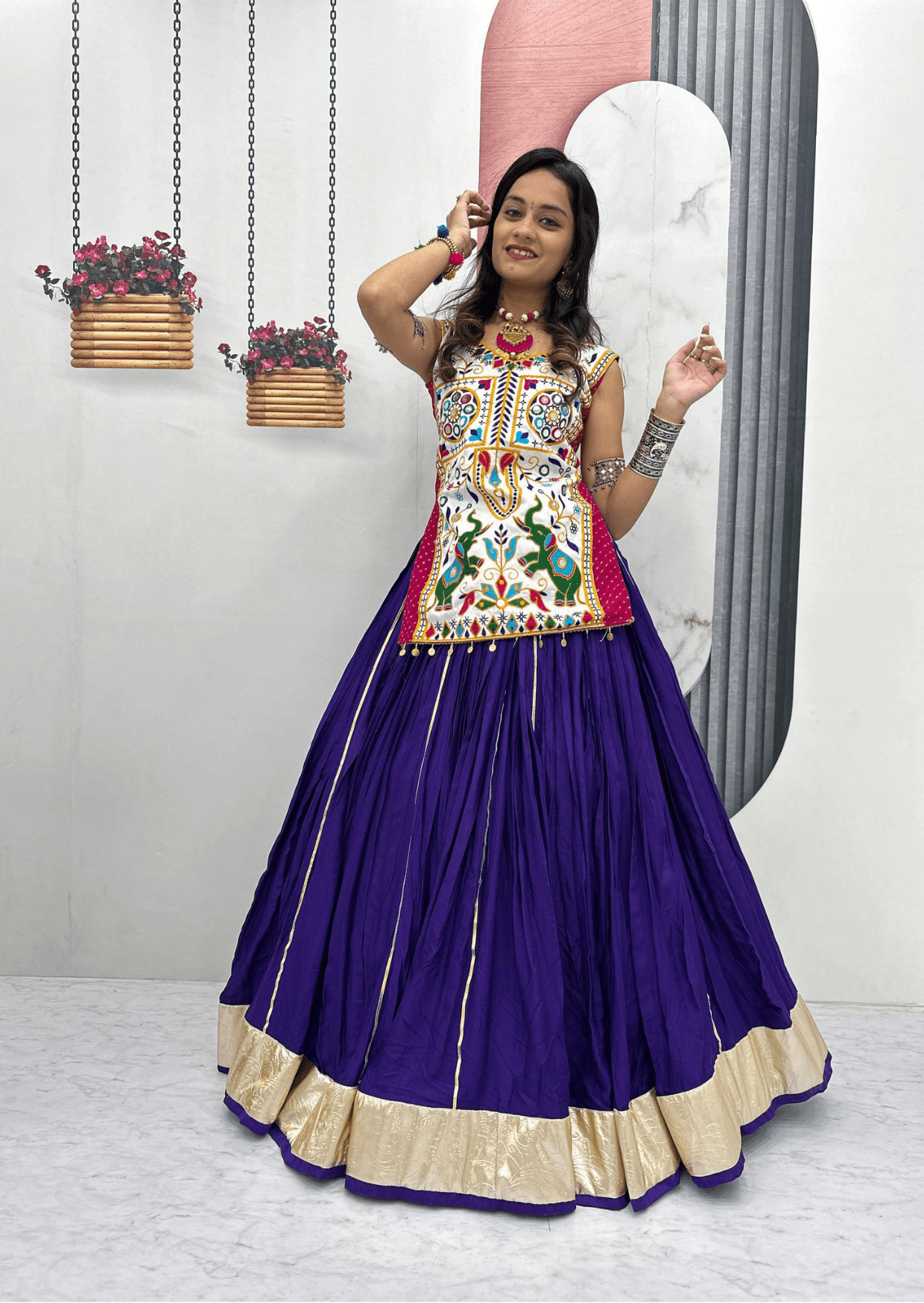 Royal Gamathi Mirror Work Choli & Cotton Lumpi Border Lehenga Set - Yooneck