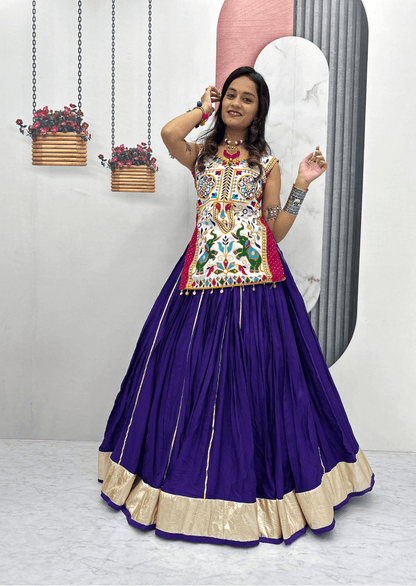 Royal Gamathi Mirror Work Choli & Cotton Lumpi Border Lehenga Set - Yooneck
