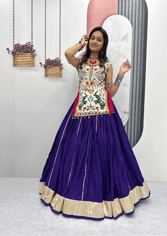 Royal Gamathi Mirror Work Choli & Cotton Lumpi Border Lehenga Set - Yooneck