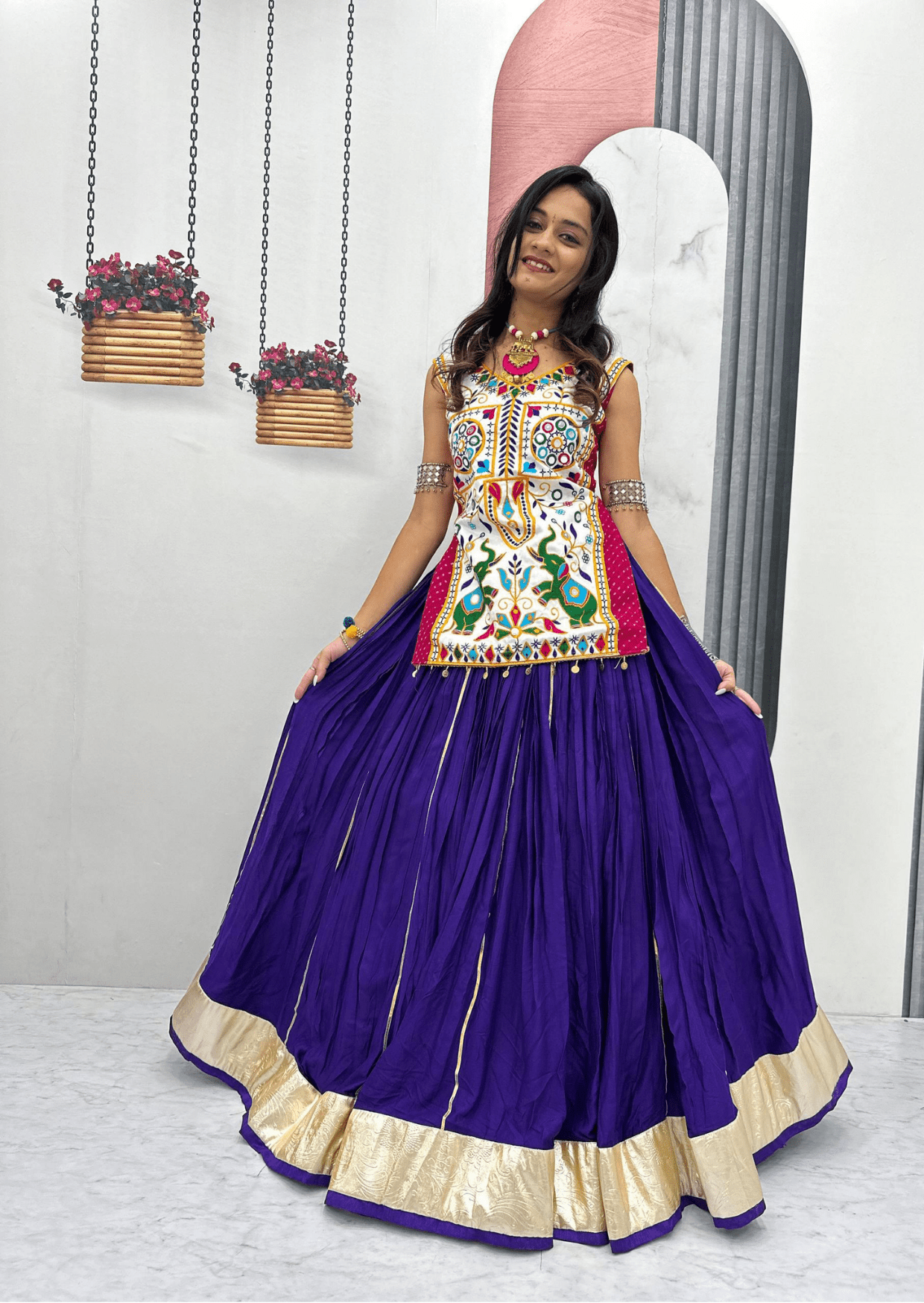 Royal Gamathi Mirror Work Choli & Cotton Lumpi Border Lehenga Set - Yooneck