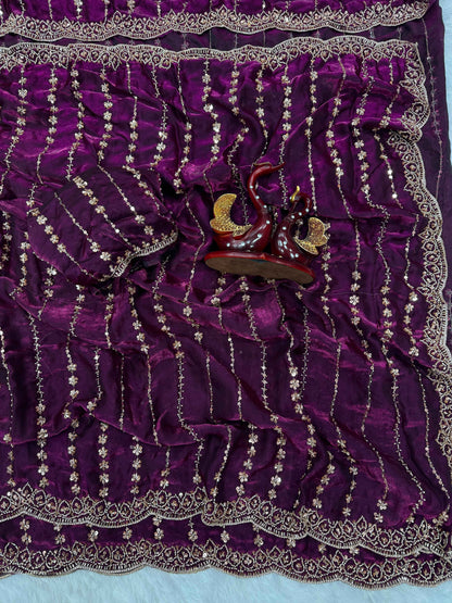 Royal Queen Beads & Sequins Embroidered Soft Space Silk Saree - Yooneck