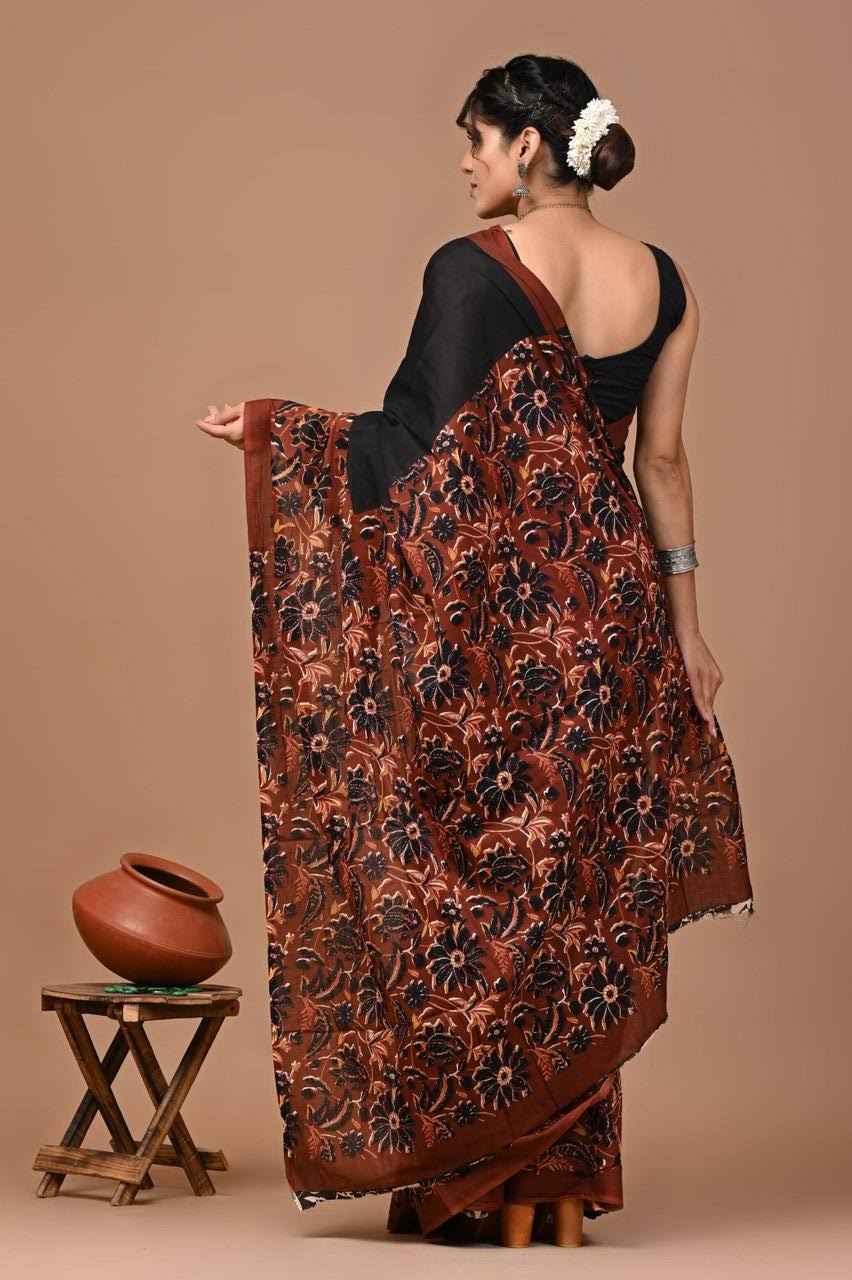 rust bloom handcrafted mulmul cotton saree - yooneck