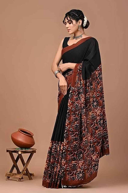 Rust Bloom Handcrafted Mulmul Cotton Saree - Yooneck