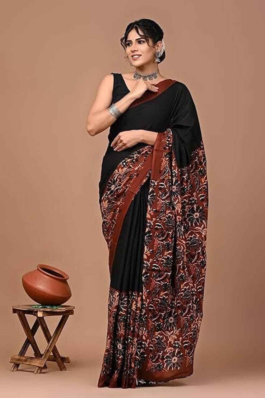 rust bloom handcrafted mulmul cotton saree - yooneck