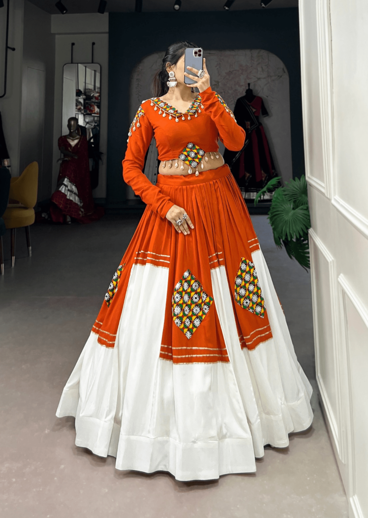 Rust & Ivory Mirror Work Lehenga Set - Yooneck